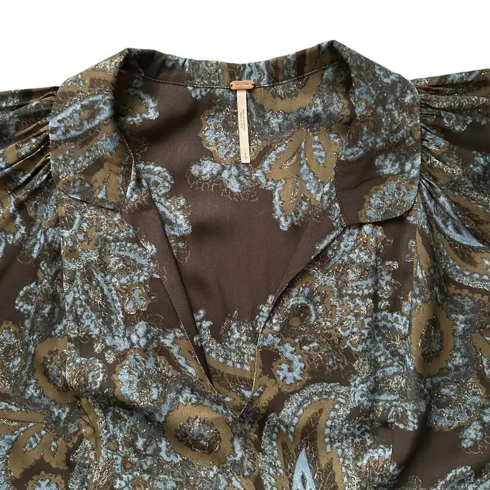 Free People Say‎ You Love Me Blue Paisley Blouse Sleeve Collared Mini Dress S - Picture 4 of 9